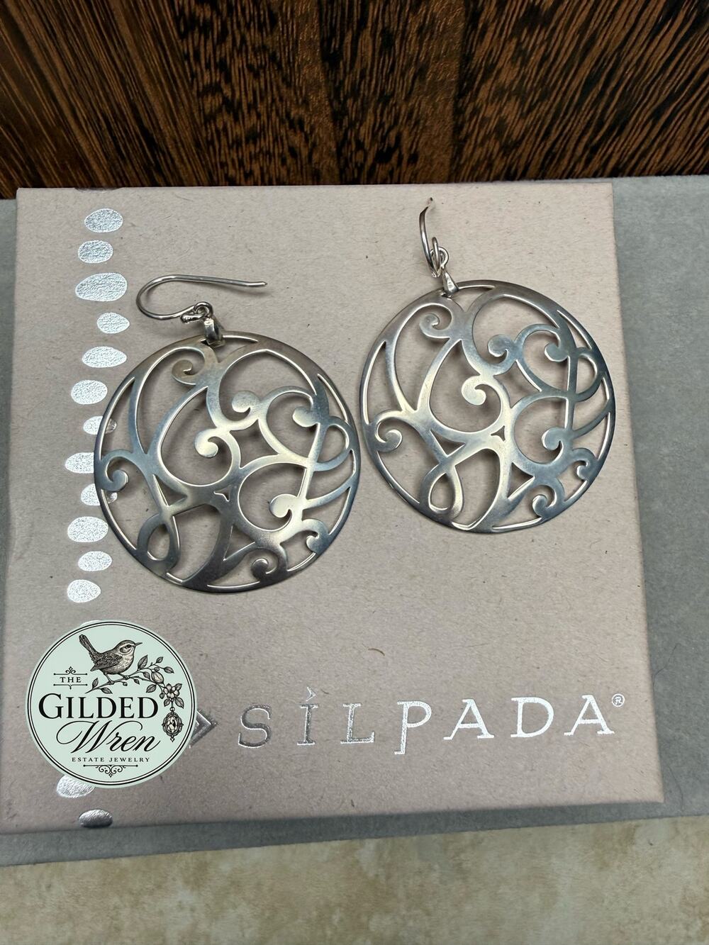 Silpada W2137 Sterling Silver Scroll Openwork Circle Dangle Earrings 2”